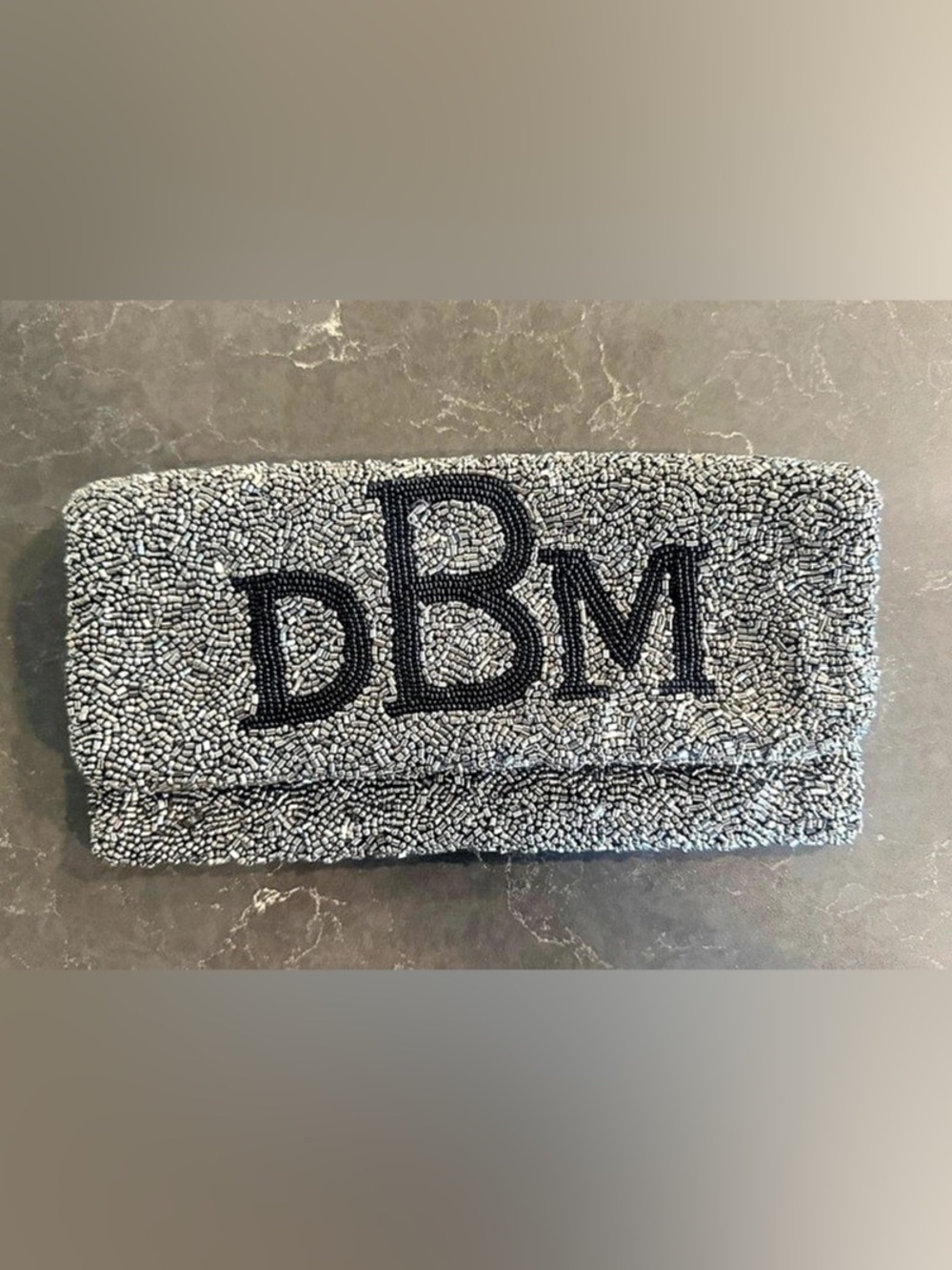Moyna Monogram Beaded Clutch in Black & Silver initials DBM